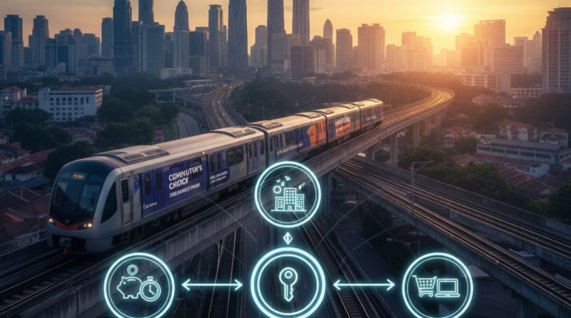 A vibrant and dynamic image showing a modern Kuala Lumpur cityscape at dawn or dusk, with an MRT train prominently featured, either arriving at a station or speeding along an elevated track. The focus should be on efficient, stress-free urban commuting. Perhaps a subtle overlay suggesting "choice" or "options." `
