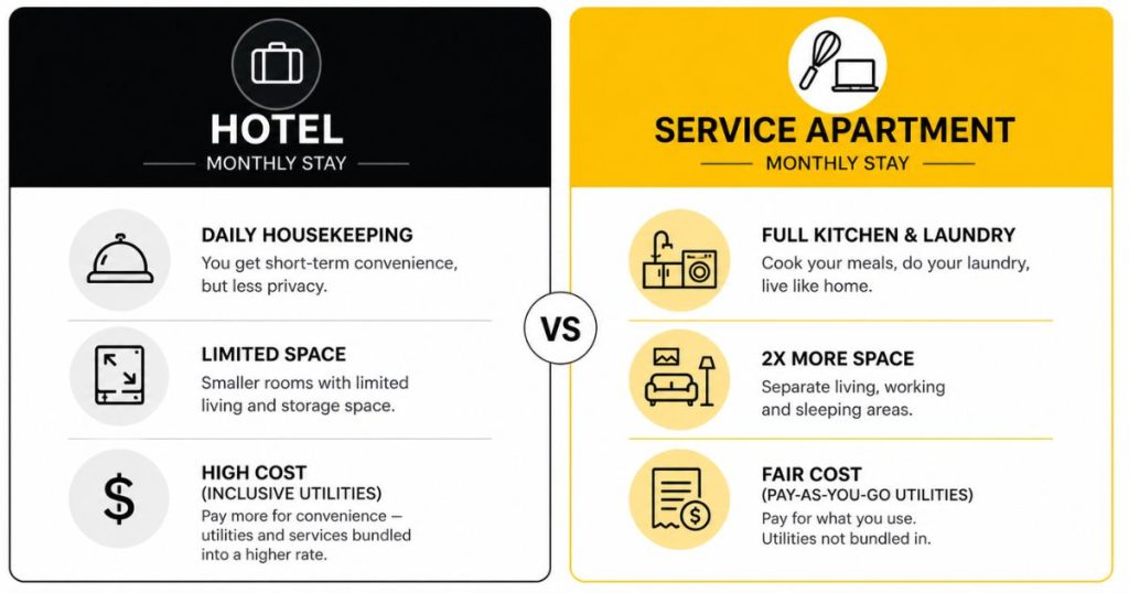 Comparison infographic between monthly hotel rentals and service apartments for mid-term stays in Kuala Lumpur