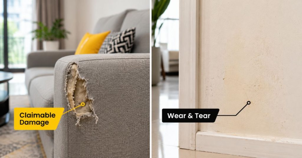 Comparison of claimable sofa damage versus non-claimable wall wear and tear in a rental property