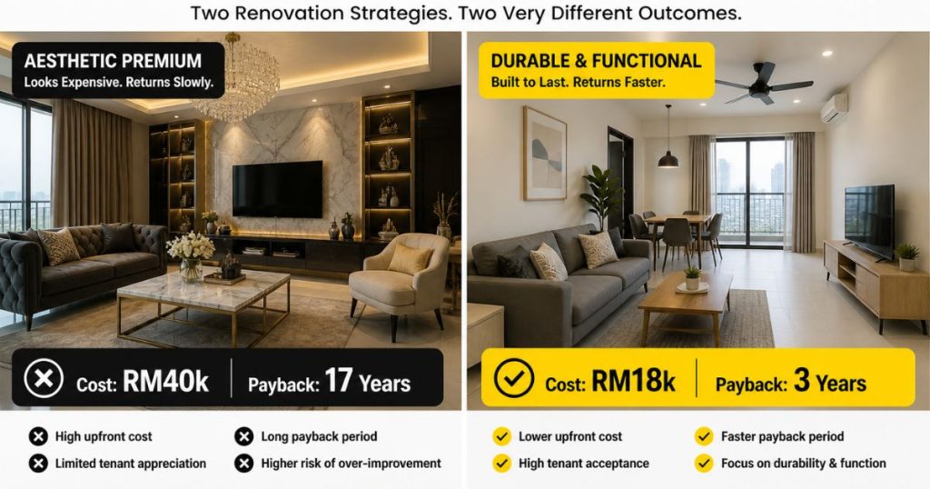 Comparison of expensive aesthetic renovations vs. cost-effective durable fit-outs for rental properties in Malaysia