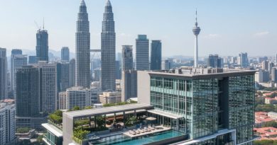 A modern condominium complex with amenities, set against the sharp backdrop of the Kuala Lumpur city skyline, symbolizing prime rental property investment.