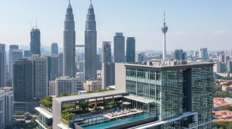 A modern condominium complex with amenities, set against the sharp backdrop of the Kuala Lumpur city skyline, symbolizing prime rental property investment.