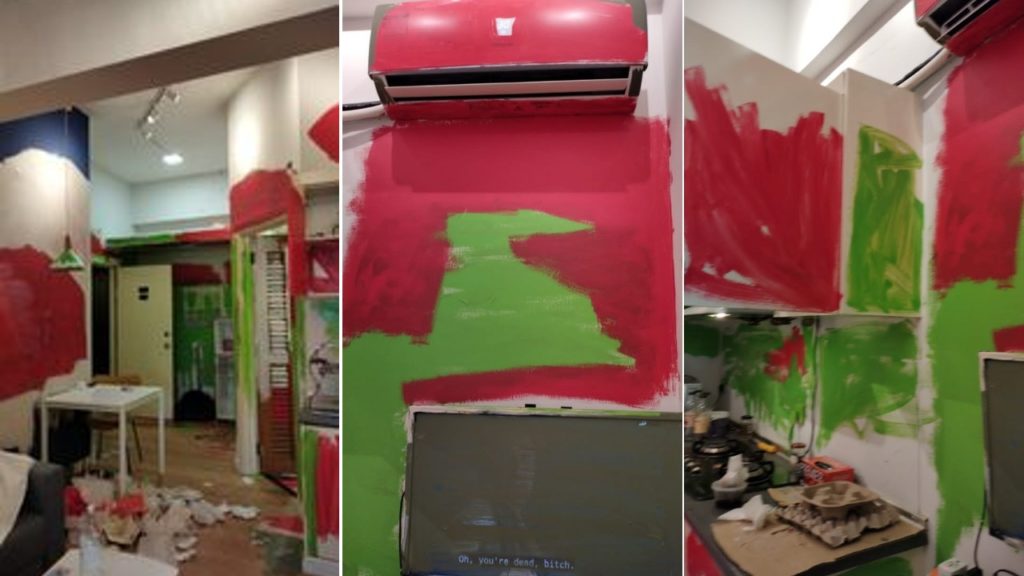 three pov of a room with walls covered with red and green paint