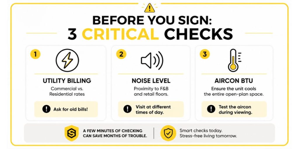 Summary graphic for Empire City Damansara renters highlighting the importance of checking utility rates, noise levels, and aircon capacity before signing