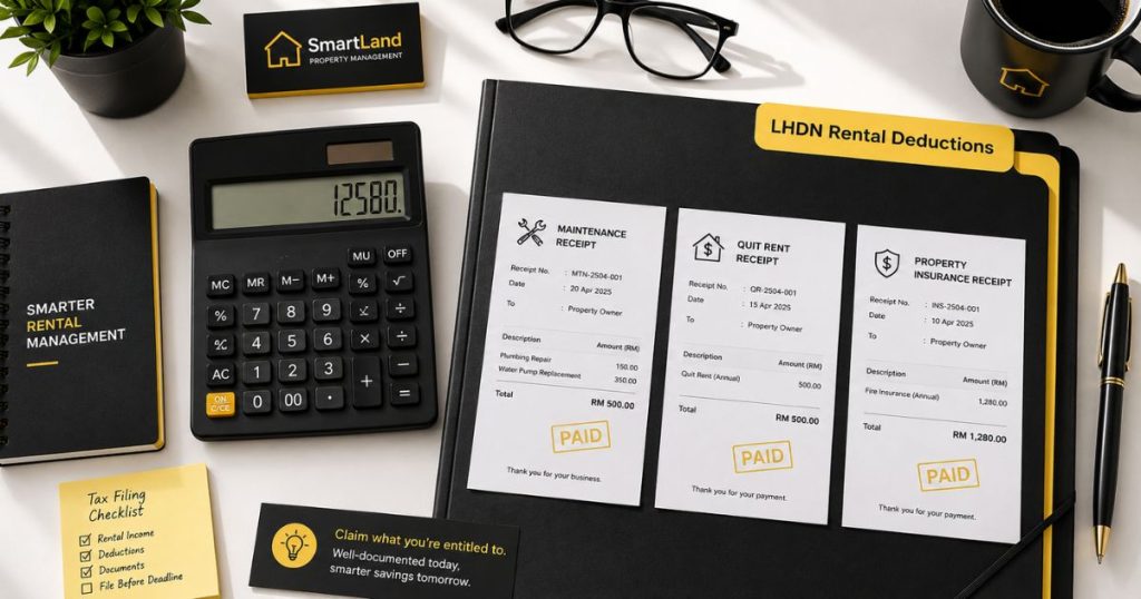Tax deduction receipts and a calculator arranged for an official Malaysian LHDN rental income tax declaration