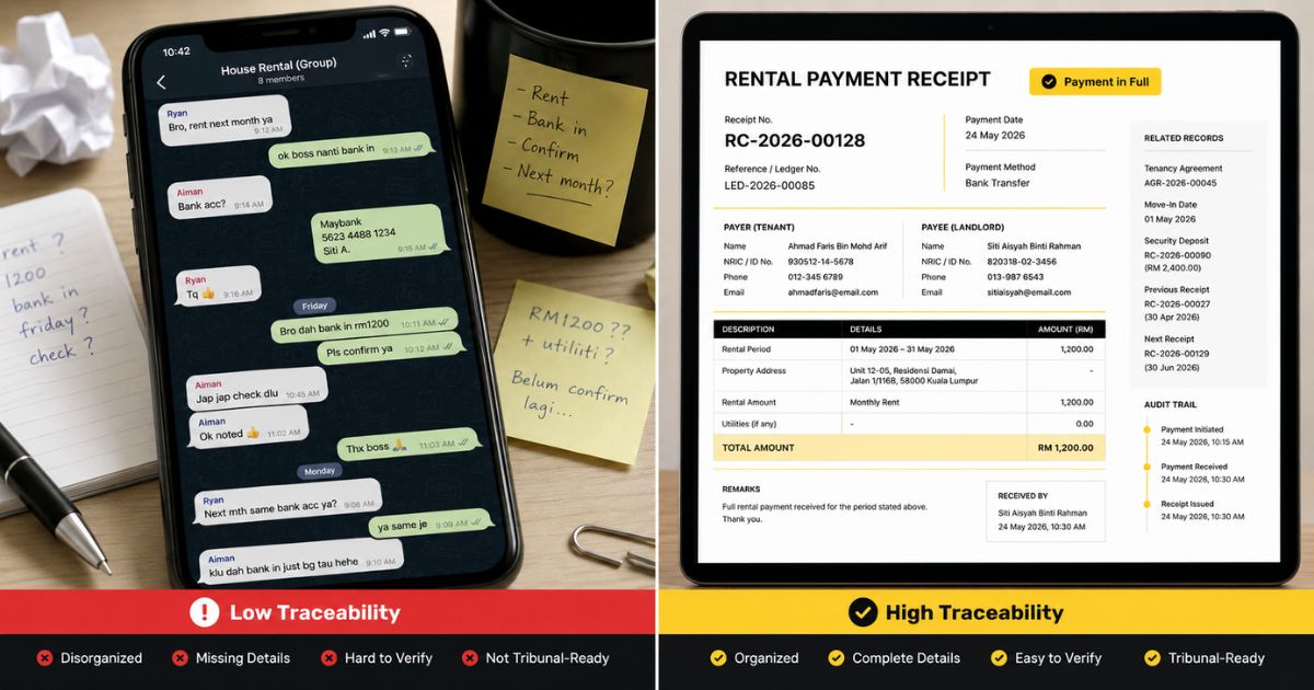 Visual comparison of structured rental receipts versus informal WhatsApp messages for Tenancy Tribunal evidence