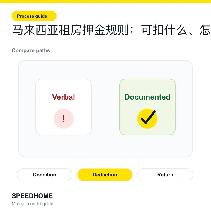Branded checklist visual for È©¨Êù•Ë•ø‰∫öÁßüÊàøÊäºÈáëËßÑÂàôÔºöÂèØÊâ£‰ªÄ‰πà„ÄÅÊÄé‰πàËøΩÂõû comparison image