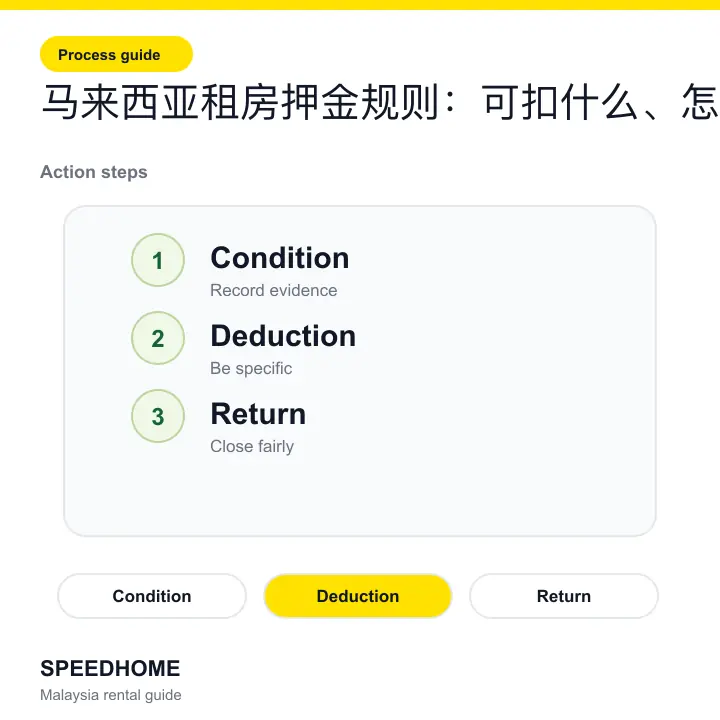 Branded checklist visual for È©¨Êù•Ë•ø‰∫öÁßüÊàøÊäºÈáëËßÑÂàôÔºöÂèØÊâ£‰ªÄ‰πà„ÄÅÊÄé‰πàËøΩÂõû step-by-step image